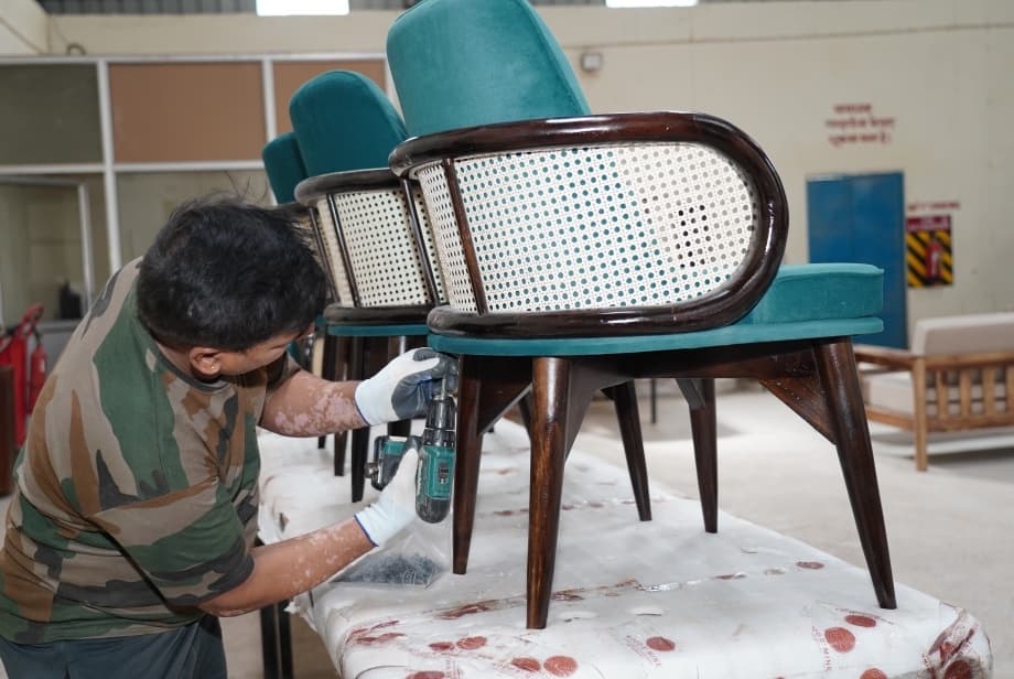 Artisanal Cane Rattan & Velvet Chair Assembly at WoodBMine Manufacturing Unit, Jodhpur