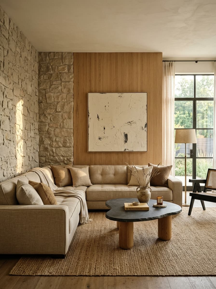 WoodBMine Modular Living Room Sofas and Sculptural Timber Tables
